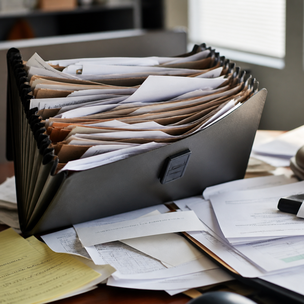 An overstuffed accordion file folder crammed with paper records on a cluttered desk